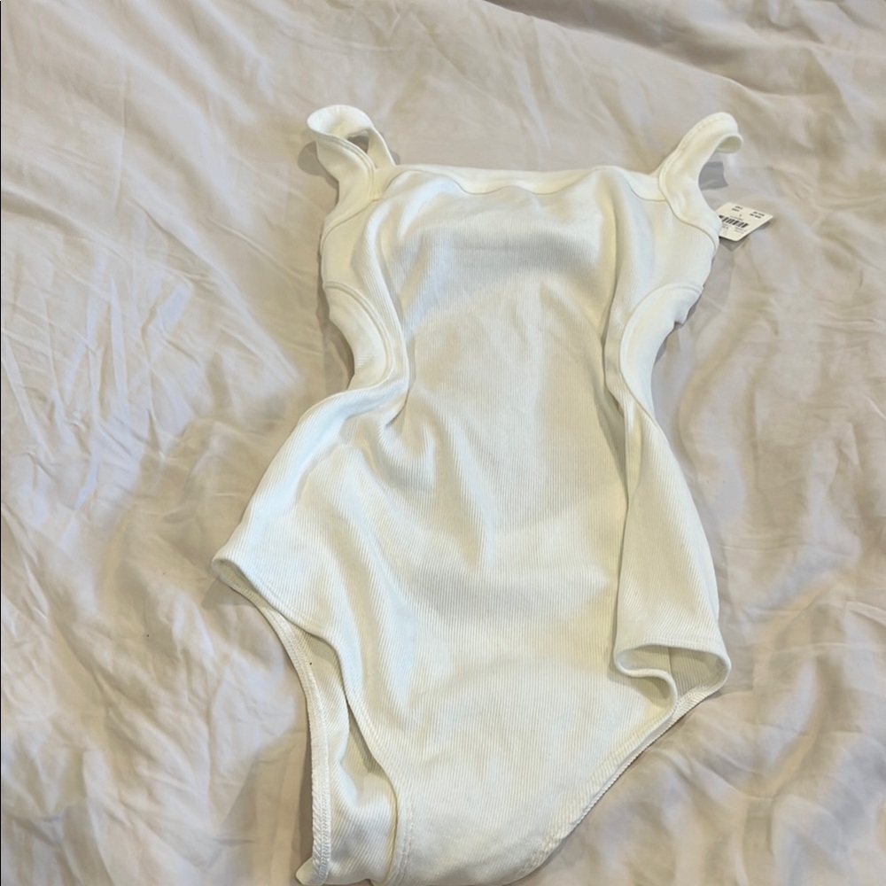 Anthropologie White Bodysuit with Sweetheart Neckline and High-Cut Legs